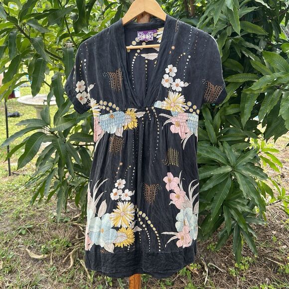 Yumi Kim Black 100% Silk Babydoll Tunic Dress Small Floral V-Neck Short Sleeve - Picture 2 of 13
